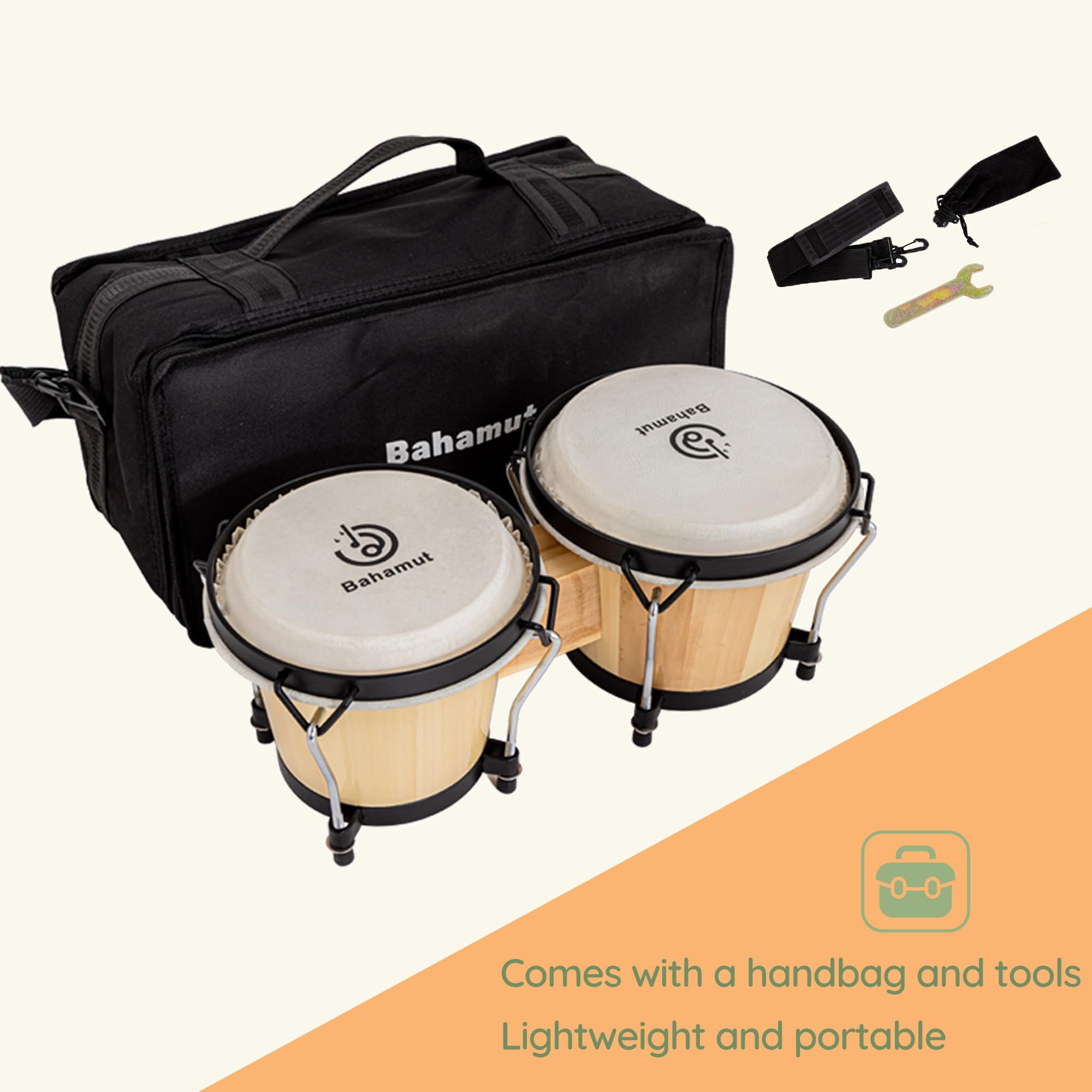 BAHAMUT Juego de batería Bongo, bongos de madera de 6 pulgadas + 7 pulgadas para adultos y niños principiantes, ideal para la educación y la práctica, viene con llave de afinación y bolsa impermeable
