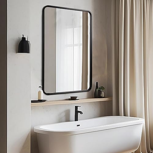 Miniatura 9 de ANDY STAR Espejo de baño negro de 30 x 48 pulgadas, rectángulo redondeado con marco de metal negro para pared, tubo de hierro, 1 pulgada de