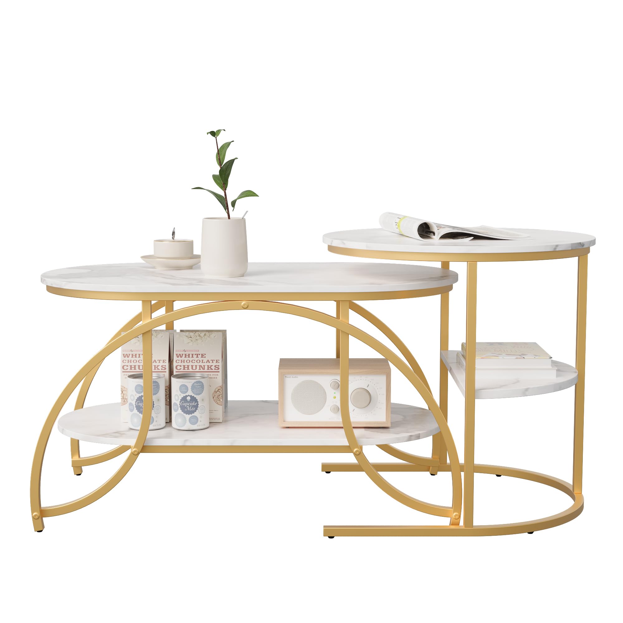 Set di 2 tavolini rotondi e ovali, con vano portaoggetti, effetto marmo, telaio in metallo, tavolo da salotto, tavolino da caffè, bianco e oro