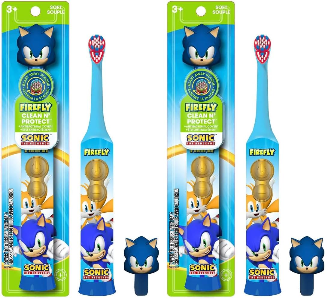 FIREFLY Sonic The Hedgehog Toothbrush, Ages 3+ | Premium Soft Bristles | Anti-Slip Grip | 3D Hygienic Cover | Pack of 2