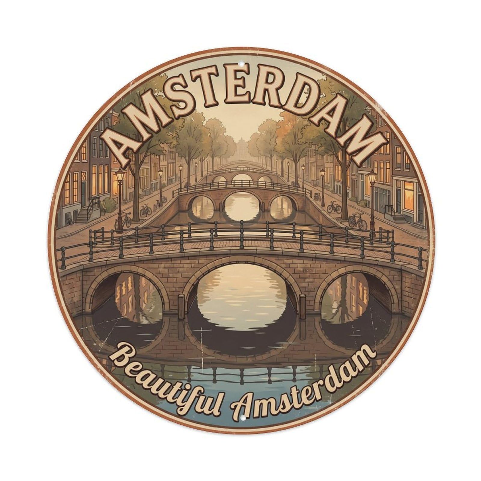 Vintage Travel Dutch Canal Bridges Metal Tin Sign Plaque Wall Decor for Cafe, Club, Garden Round Metal Poster 8x8Inch