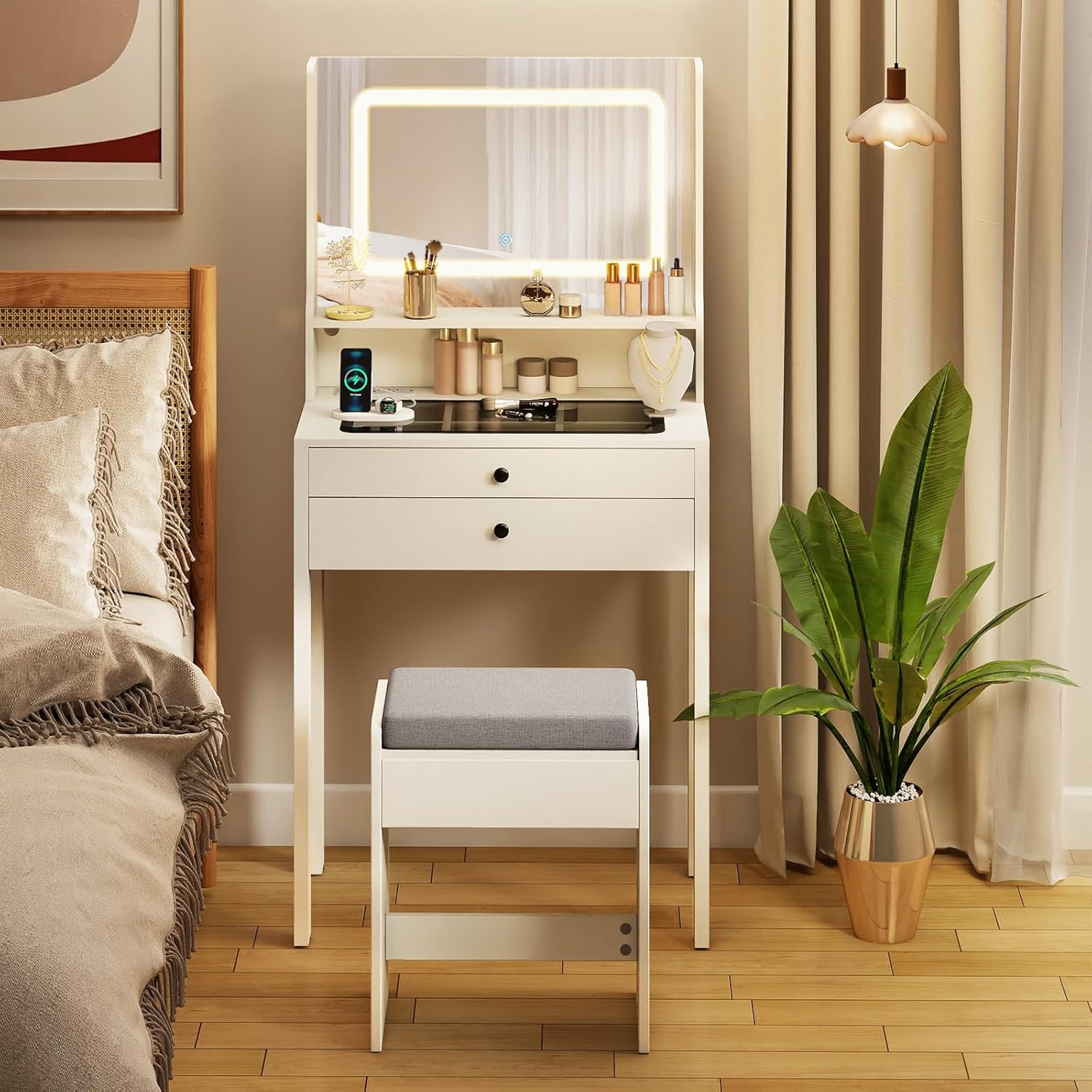LOKO Small Vanity Desk with Mirror & Lights, Glass Top Makeup Table with Power Outlets & Cushioned Stool, Modern Compact Dressing Table with 2 Drawers for Bedroom, Apartment, Dorm (White)