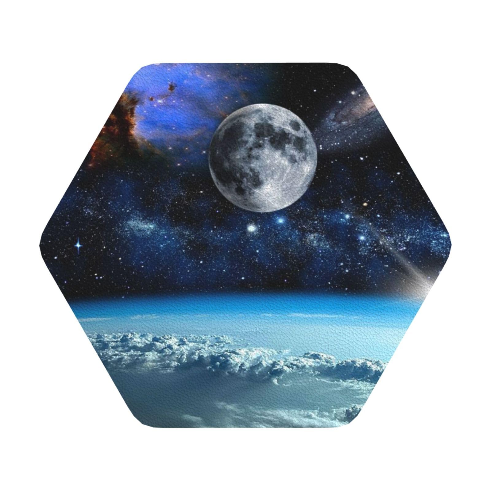 Space Planet PU Leather Coasters Set of 6 Hexagon Drink Coasters