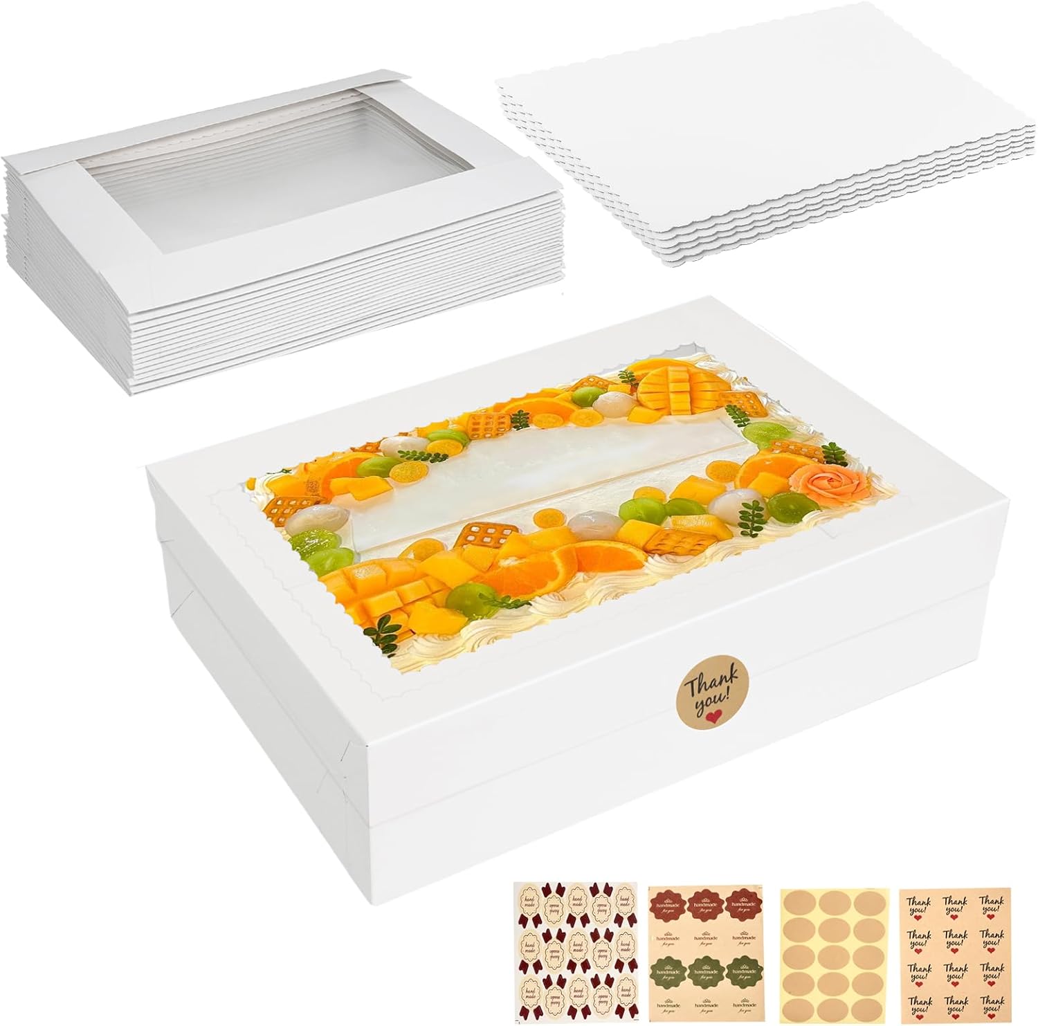 SIMILAR TO Aufind 6pcs Cake Boxes with Cake Board, 19x14x4.5 Inches White Bakery Boxes with Large Window for Quarter Sheet Cakes, Donuts, Cupcakes, Pastry & Pies