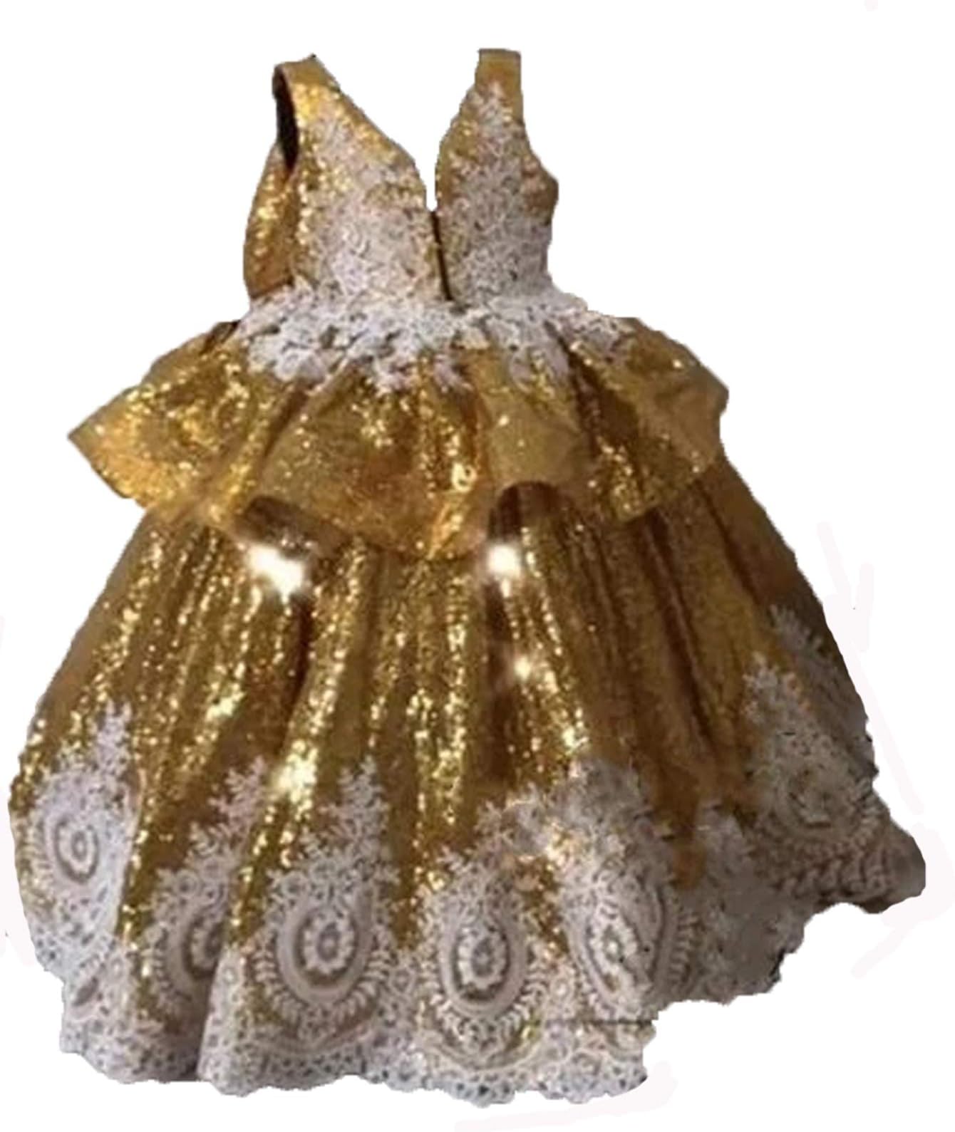 Gold Sequined Girls Pageant Dresses Vintage Lace Ruffles Bow Toddlers Baby Girls Birthday Party Ball Gown FE001