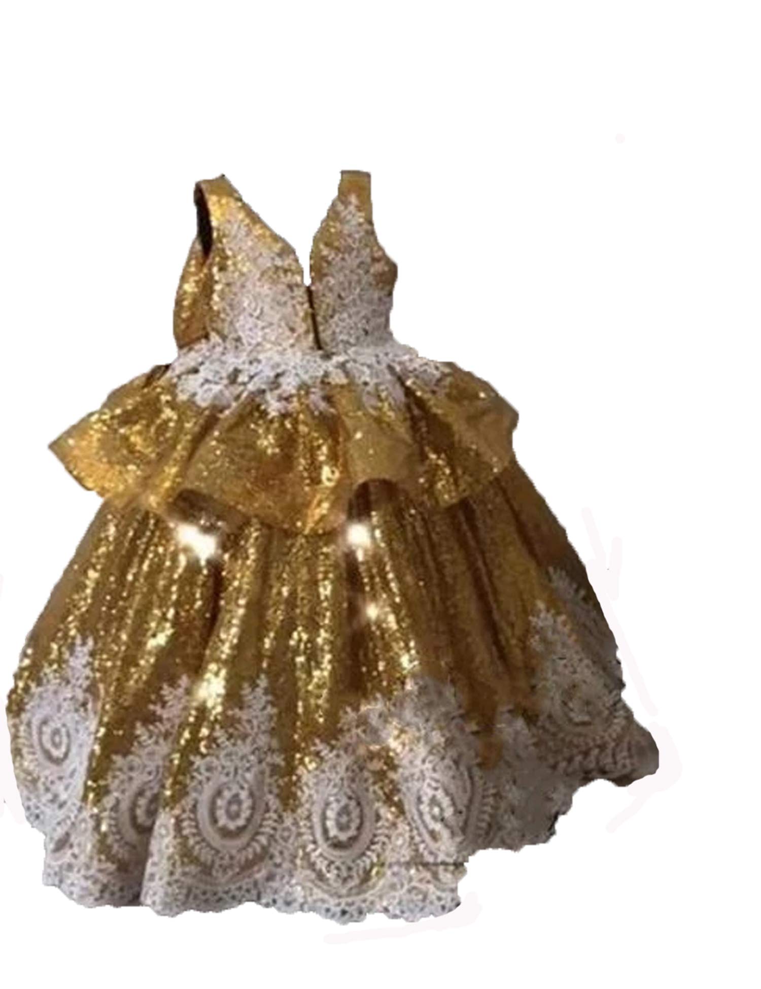 Gold Sequined Girls Pageant Dresses Vintage Lace Ruffles Bow Toddlers Baby Girls Birthday Party Ball Gown FE001