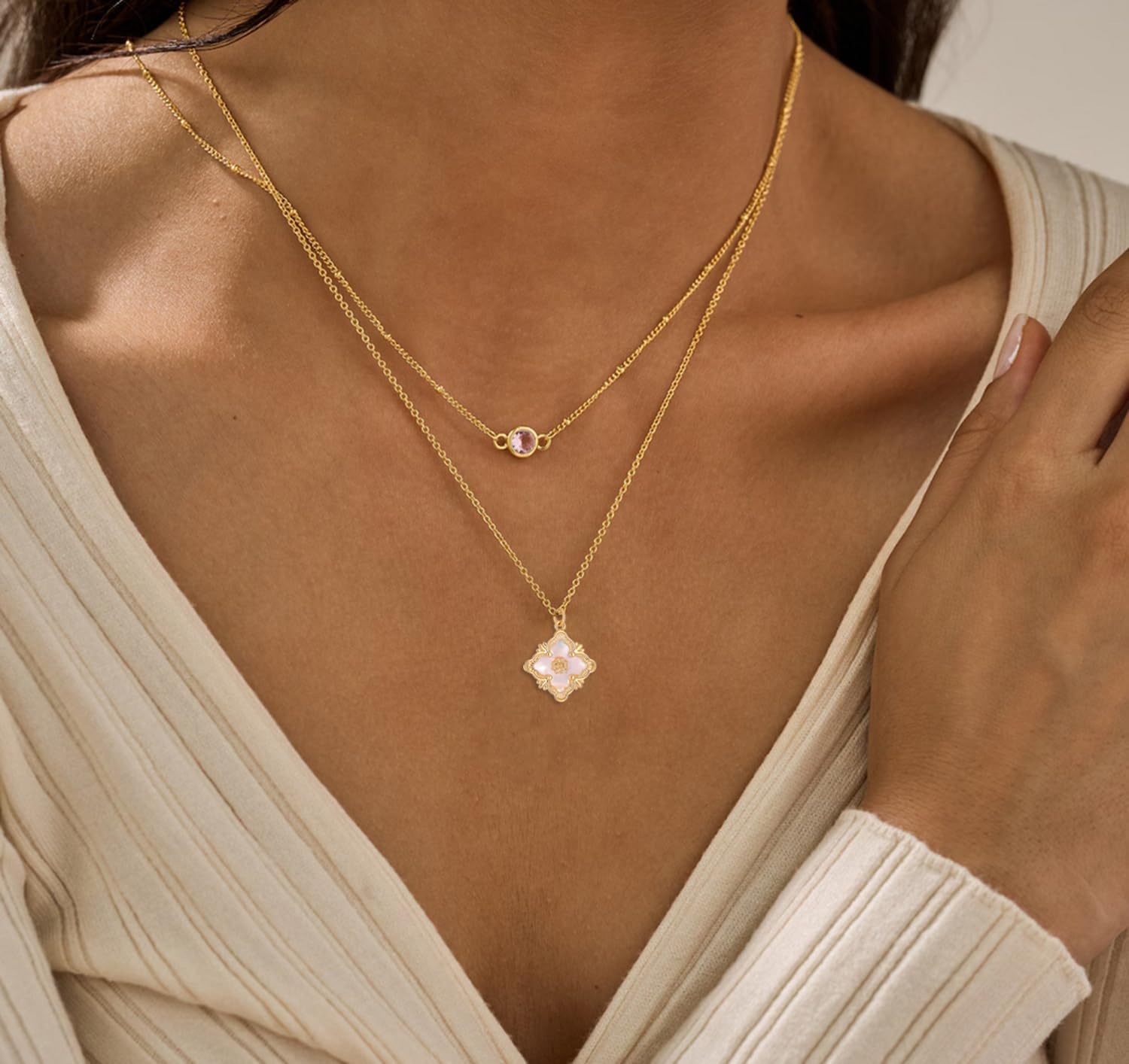 Clover Necklace for Women - 14K Gold Plated Mother of Pearl Four Leaf CZ Pendant Necklace Lucky Charm Jewelry Gifts for Women - Image 4