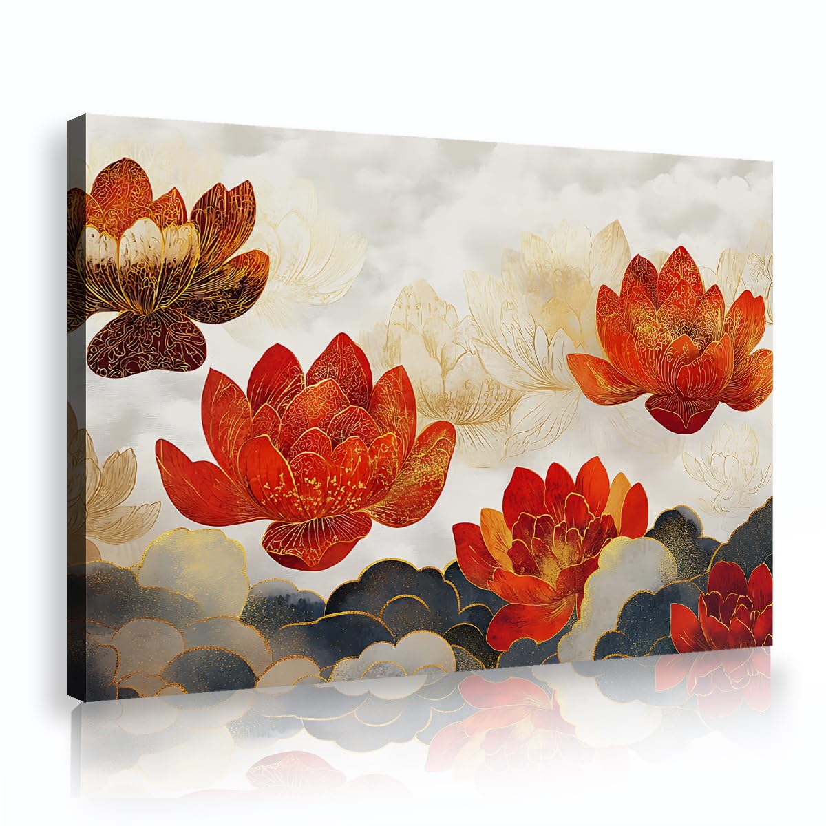 SHENGPOSTER Oriental Red Lotus Canvas Print Wall Art Traditional Zen Style Gold Line Water Lily Picture Wall Poster for Dining Room Bedroom Bathroom Innerframe 55x80cm