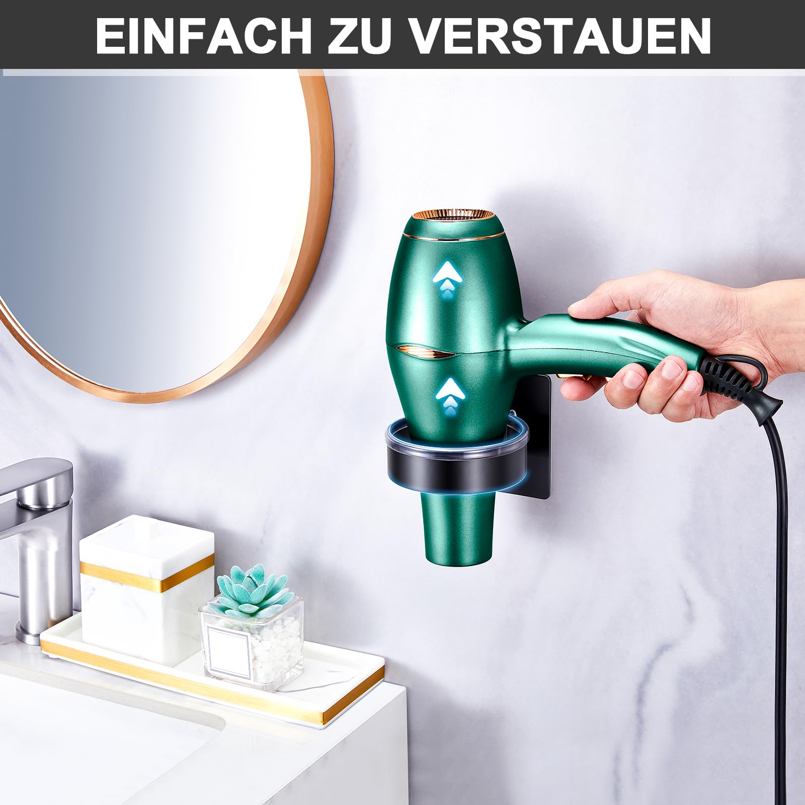 Soporte de Pared para Secador de Pelo Autoadhesivo, Negro