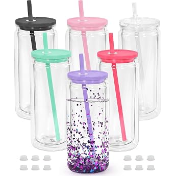 20 oz Plastic Snow Globe Tumblers Pack of 6 Acrylic Double Wall Tumbler with Lids and Straws Acrylic Snowglobe Cups with Pre Drilled Hole for Snow Globe Glitter DIY