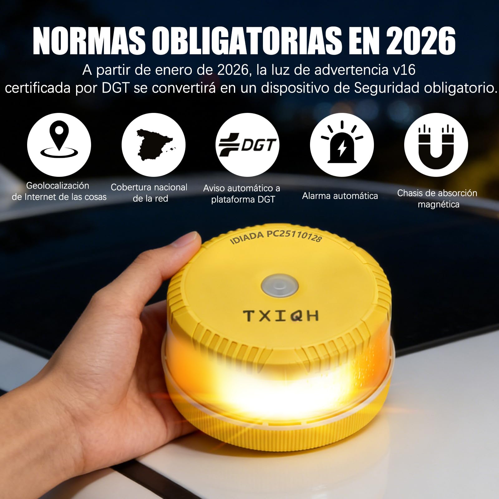 Baliza V16 Homologada DGT 3.0, Luces Emergencia Coche DGT, Ndice de Protección IP54, NB-IOT con Funcionalidad de Geolocalización, Base Imantada (2 PCS)