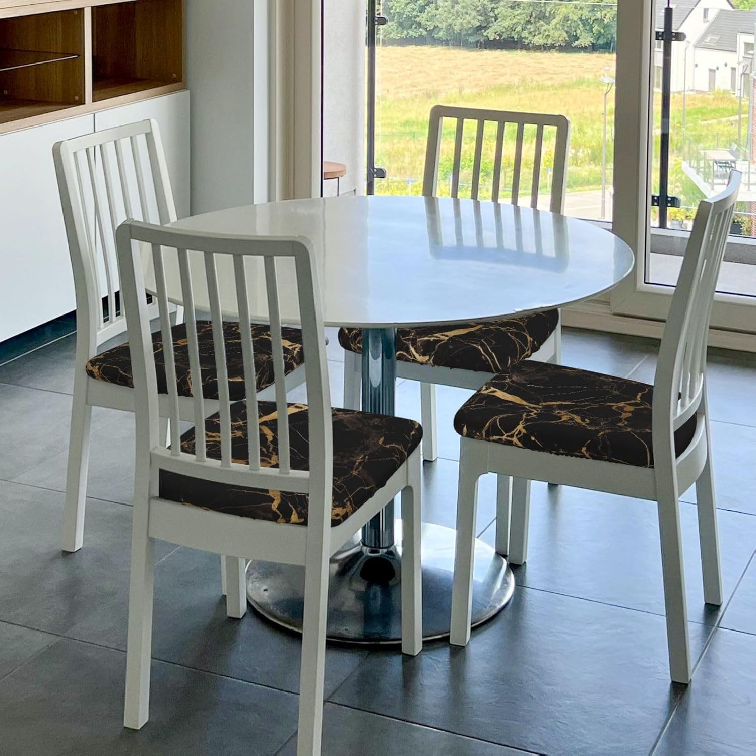 Black Gold Marble Print Square Cushion Cover Seat Covers for Dining Room, Removable Washable Anti-Dust Chair Seat Protector, Four Pieces