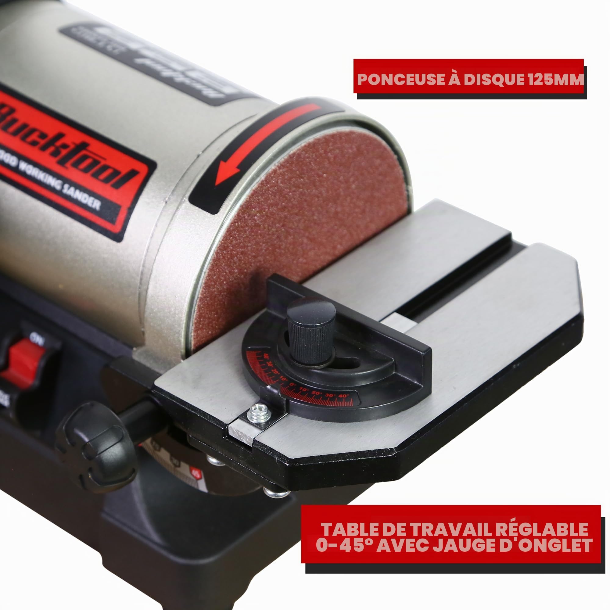 BUCKTOOL Ponceuse à disque à bande 250 W, bande de 25,4 x 762 mm, clé à disque de 125 mm, stockage et retrait facile du couvercle de la bande, disque de ponçage à entraînement direct vitesse 2980 tr