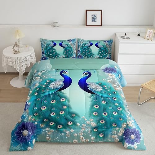 Juego de edredón de pavo real, edredón bohemio de plumón exótico, pájaros exóticos, juegos de ropa de cama de plumas azul marino, verde azulado,