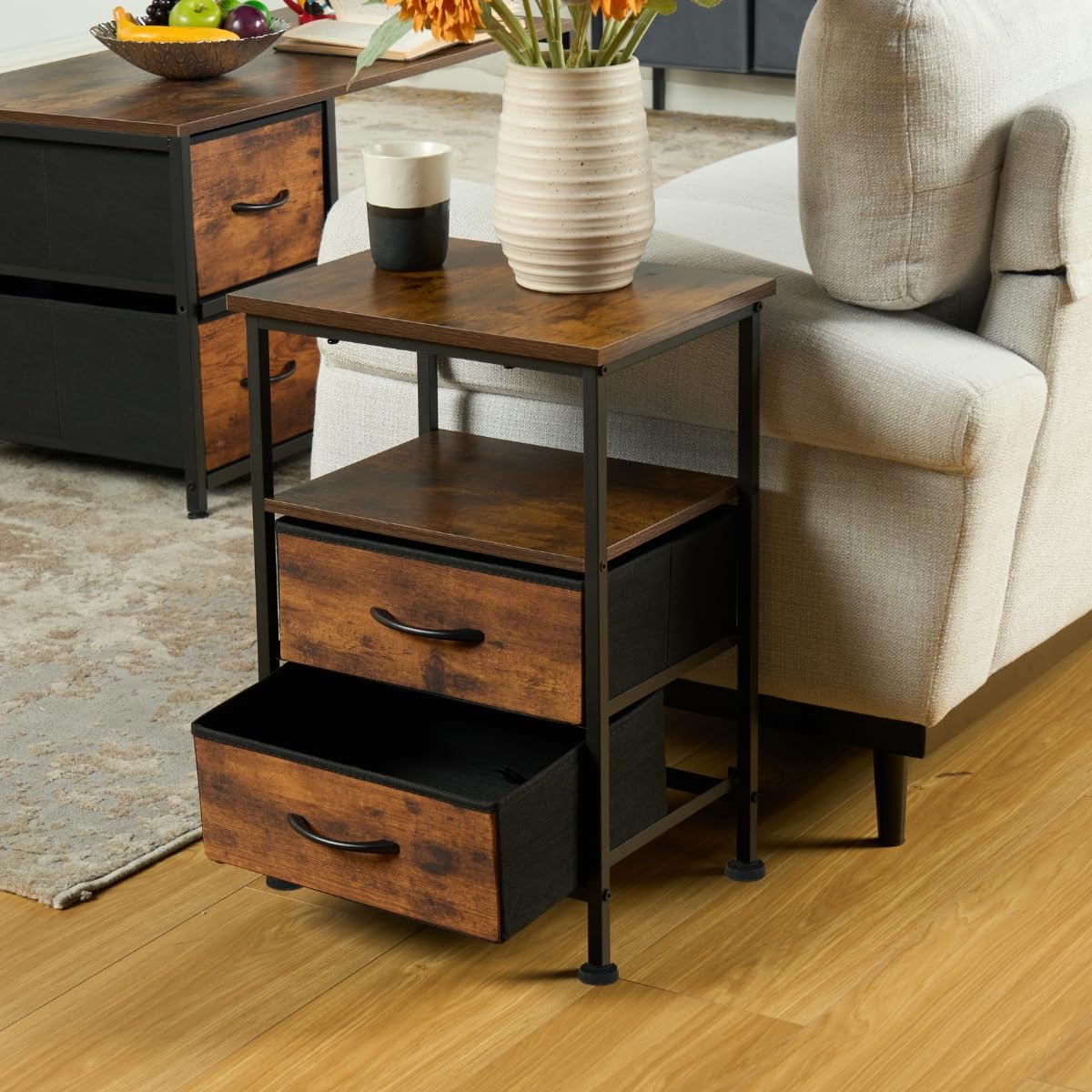 FurnitureR 2PCS Guéridons de Salon, Table D'appoint avec Multi-Coloured LED, 2 AC Sockets, 2 USB Ports of Drawers, 2 Tiroirs en Tissu, Style Industriel Rétro Marron, 40 x 30 x 60cm