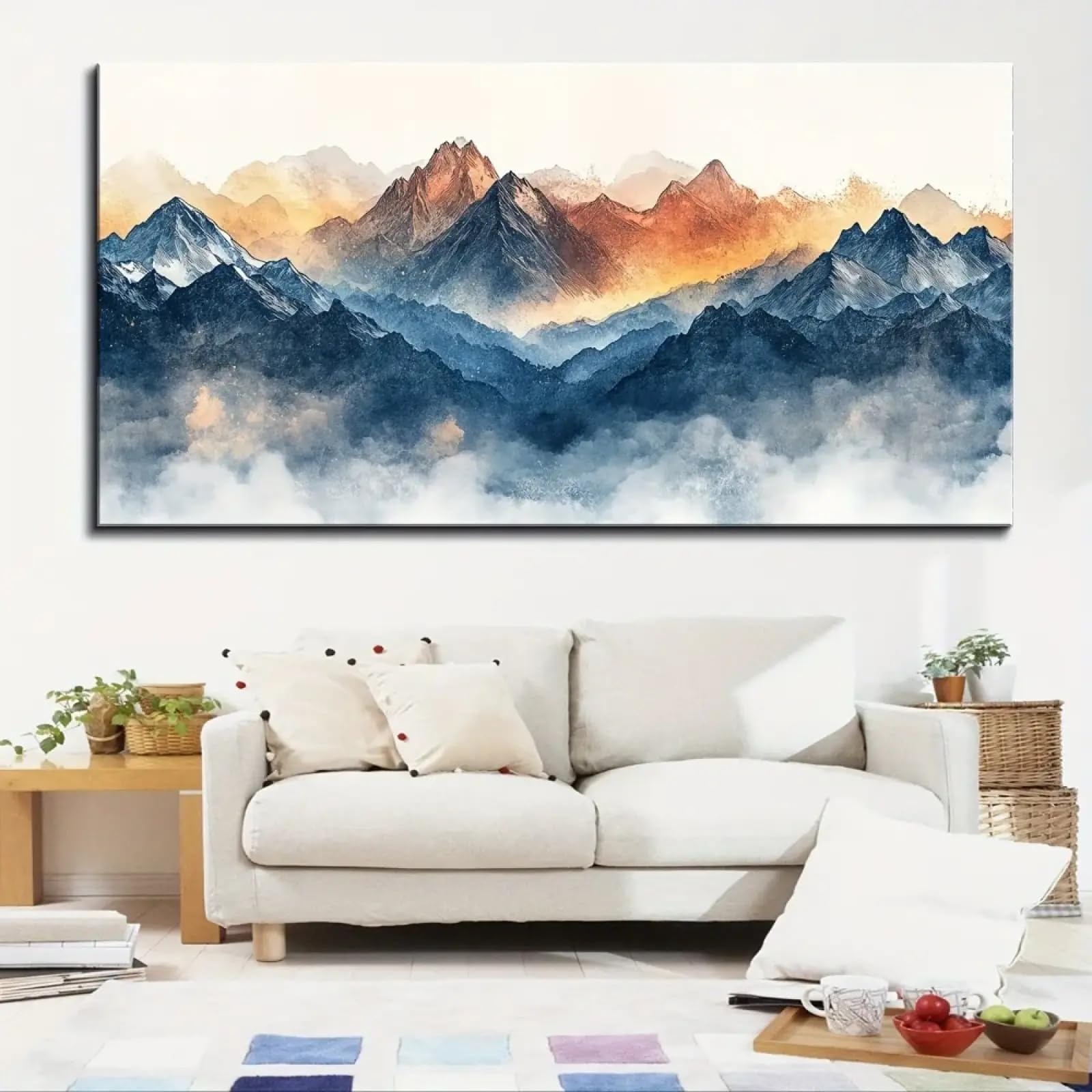Tableau paysage moderne de brume en toile de 20x40cm avec cadre noir pour salon