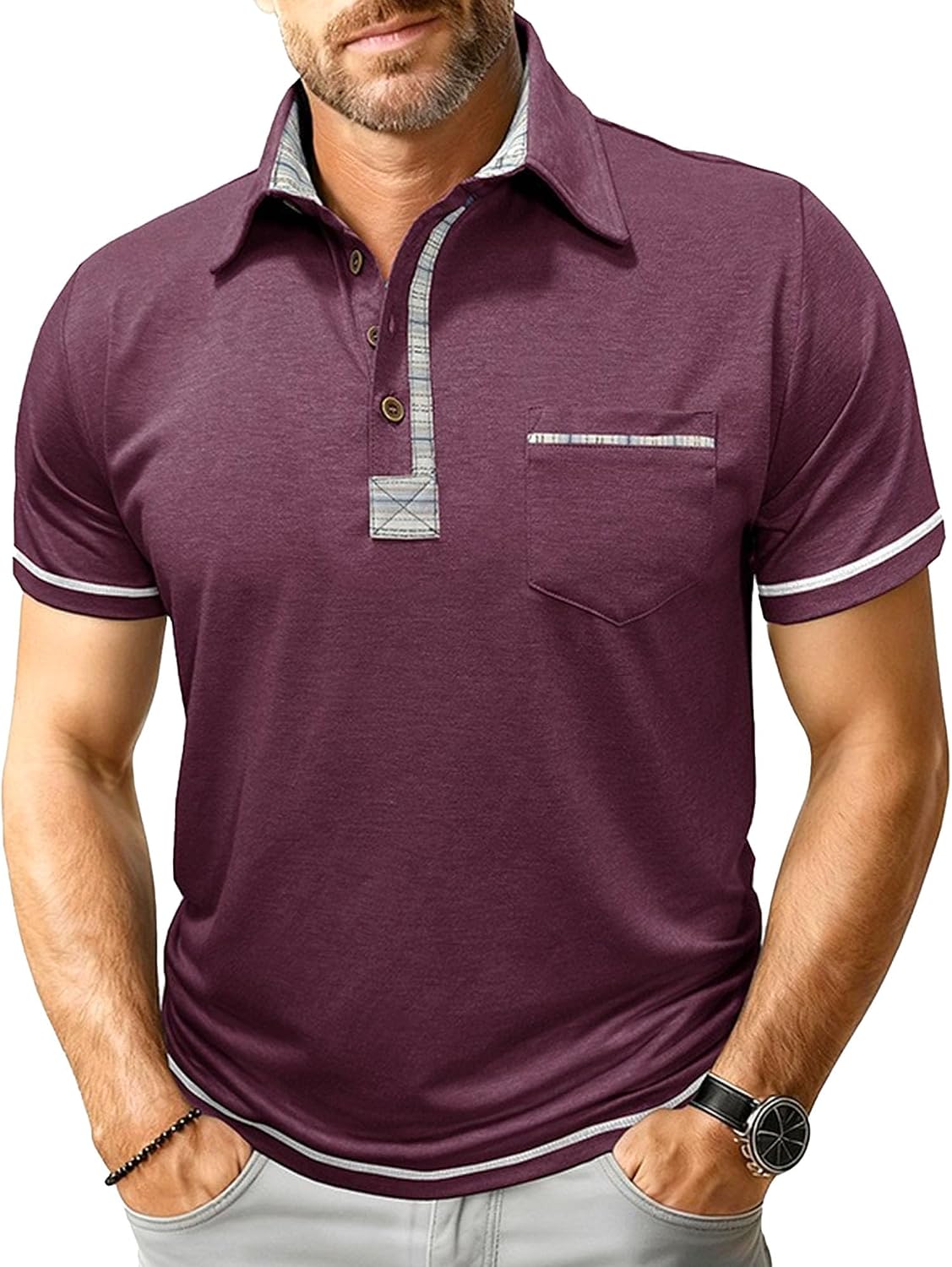 Men Contrast Plaid Collar Polo Shirt Single Chest Pocket Short Sleeve Top | Plaid Collar Trim, Button Placket, Contrast Sleeve Cuffs, Casual Wear, Classic Fit