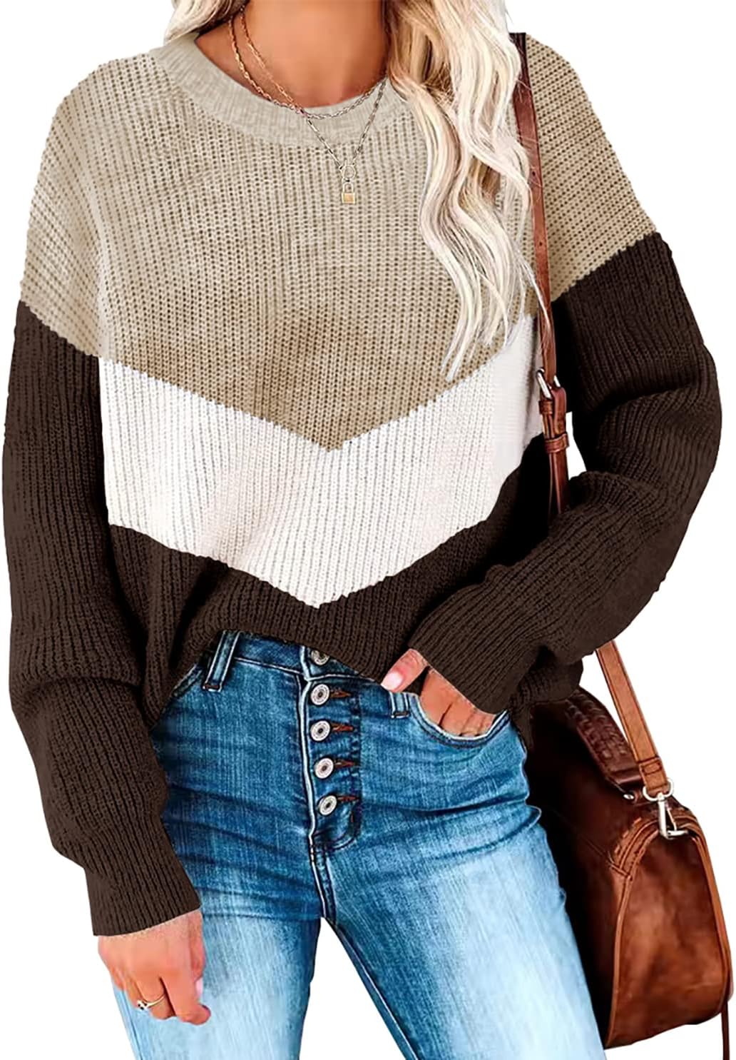 Necooer Womens Sweater Pullover Casual Long Sleeve Crewneck Color Block Pullover Knit Sweater for Women