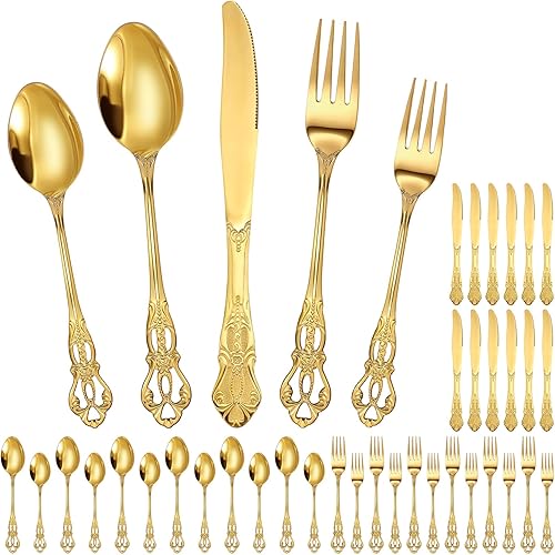 Dandat Juego de 60 cubiertos retro Royal de acero inoxidable, incluye cuchara tenedor y cuchillo para cocina, restaurante, hogar, boda, fiesta de