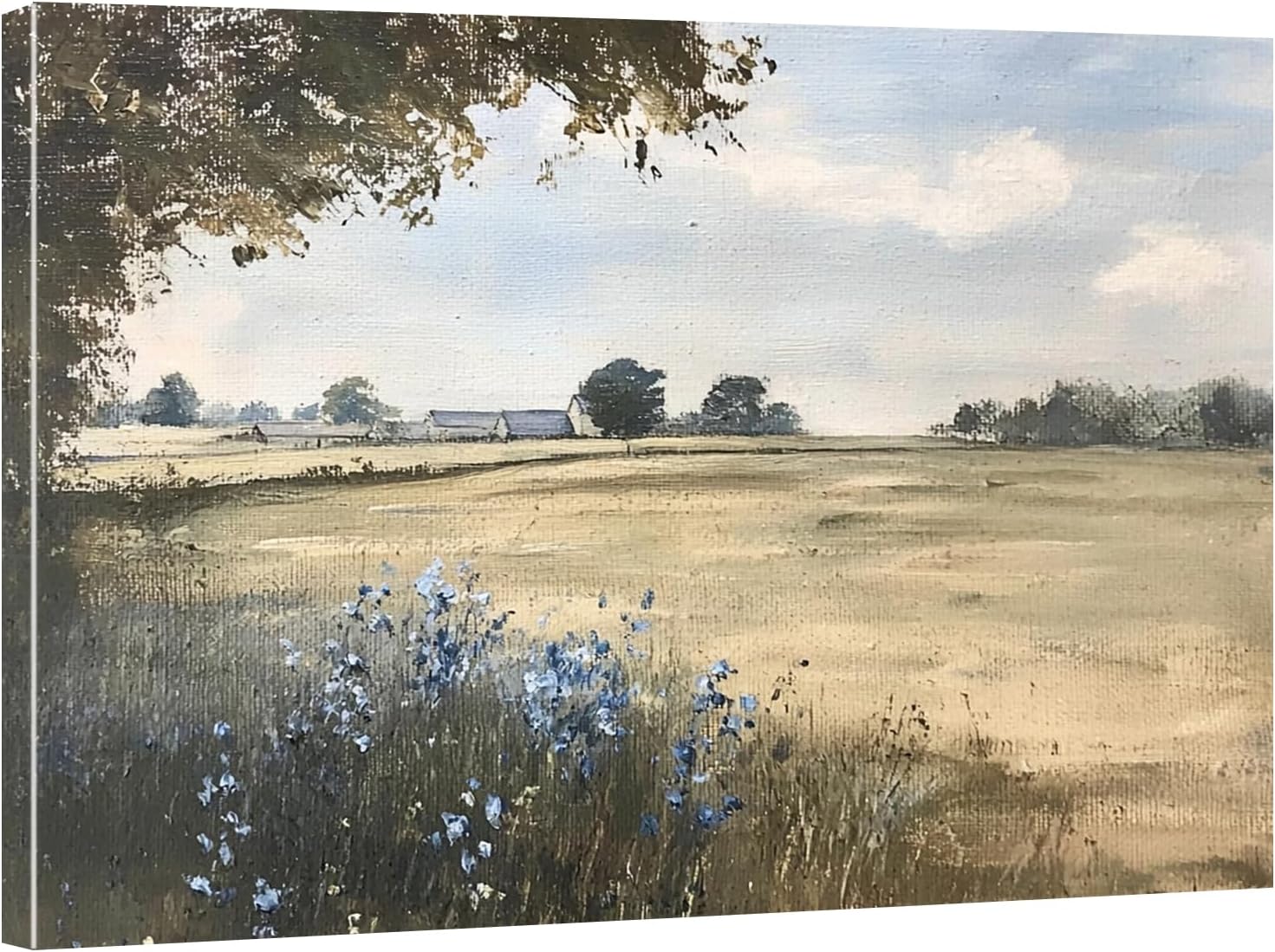 Framed Vintage Canvas Wall Art, Rustic Landscape Painting with Flowers and Meadow Field, Farmhouse Cottagecore Decor for Living Room, Bedroom, Bathroom, Office, Ready to Hang