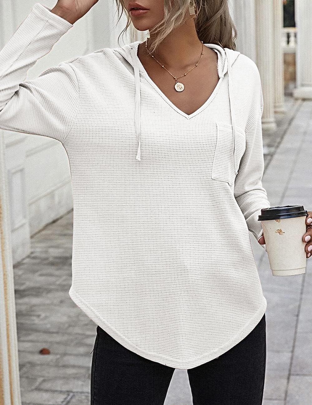 Cuptacc Felpa Donna con Cappuccio 2024 Maglione Scollo A V Autunno Maglia Manica Lunga Camicia Elegante