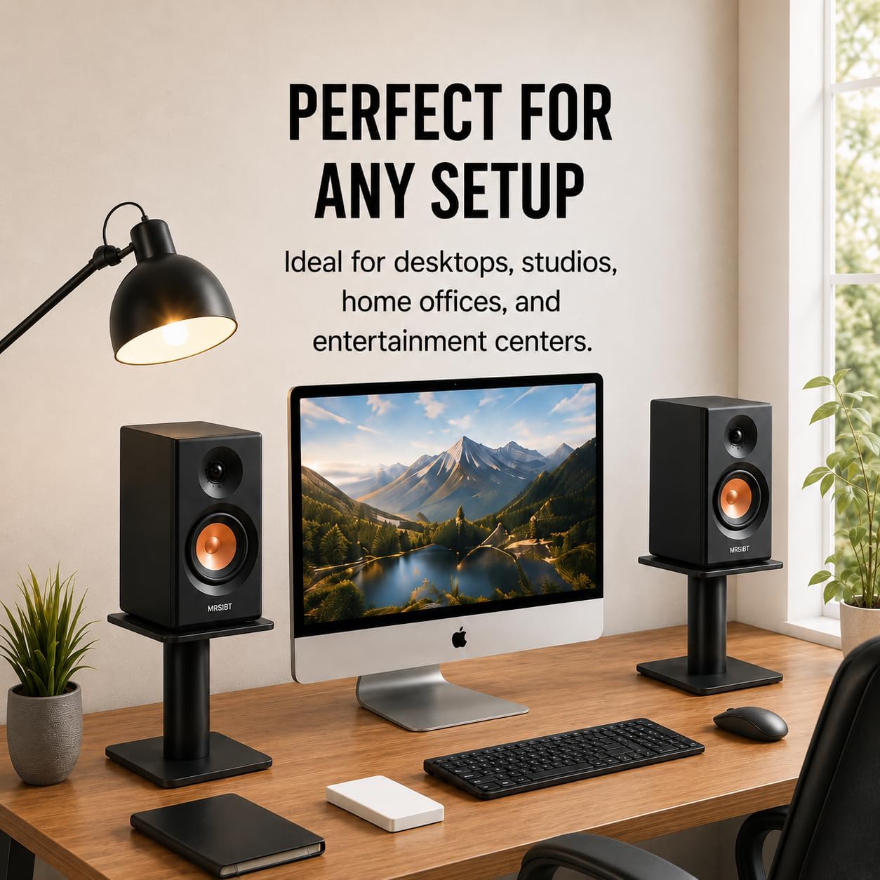 Desktop Speaker Stands Pair for 5-8 Inch Studio Monitors & Bookshelf Speakers, Heavy-Duty Steel desk Speaker Stands with Built-In Cable Management for Home Studio & Creator Setups, Support up to 55lbs
