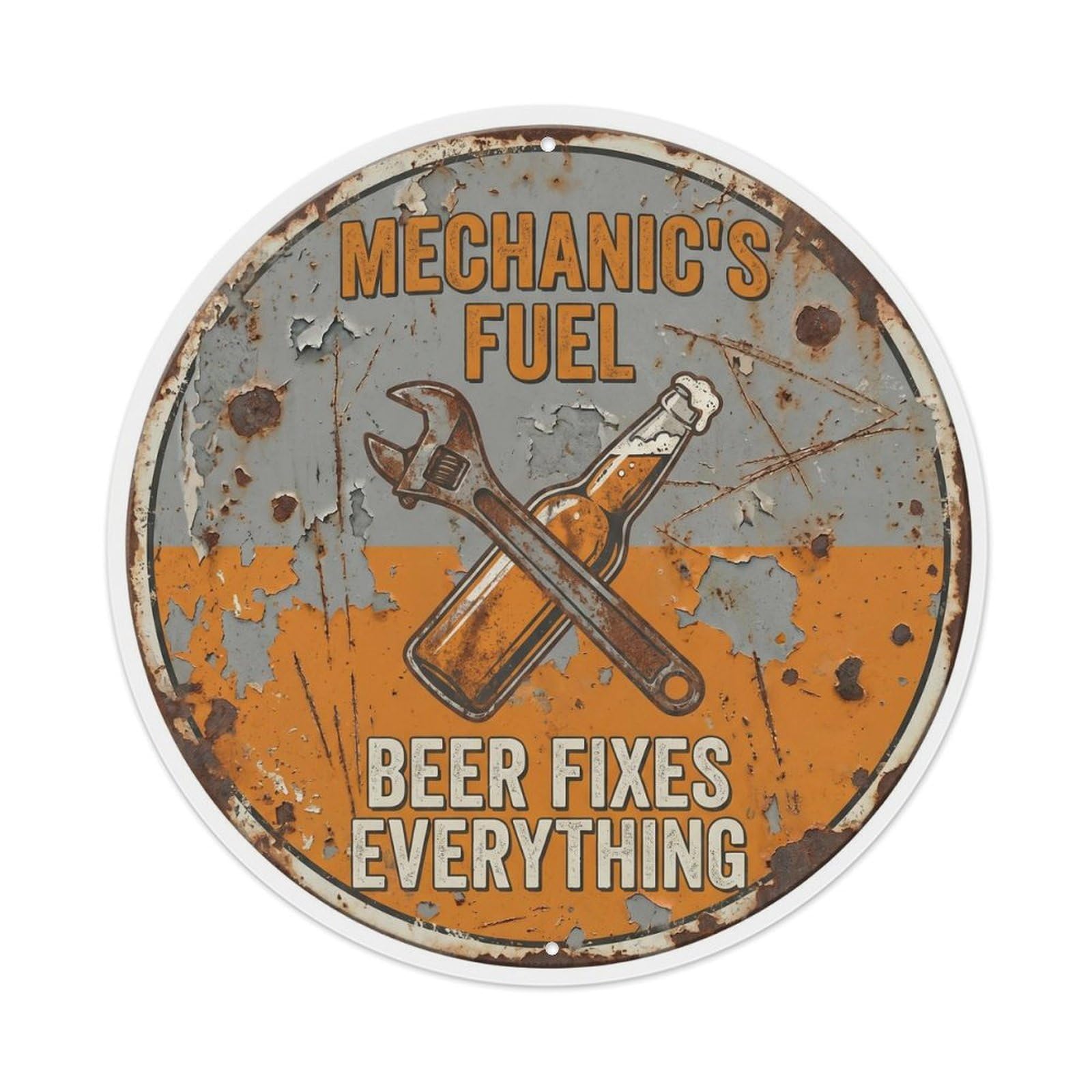 Retro Bar Mechanic Workshop Garage Beer Metal Tin Sign Plaque Wall Decor for Cafe, Club Bar, Office, Home Garden Round Metal Poster 8x8Inch