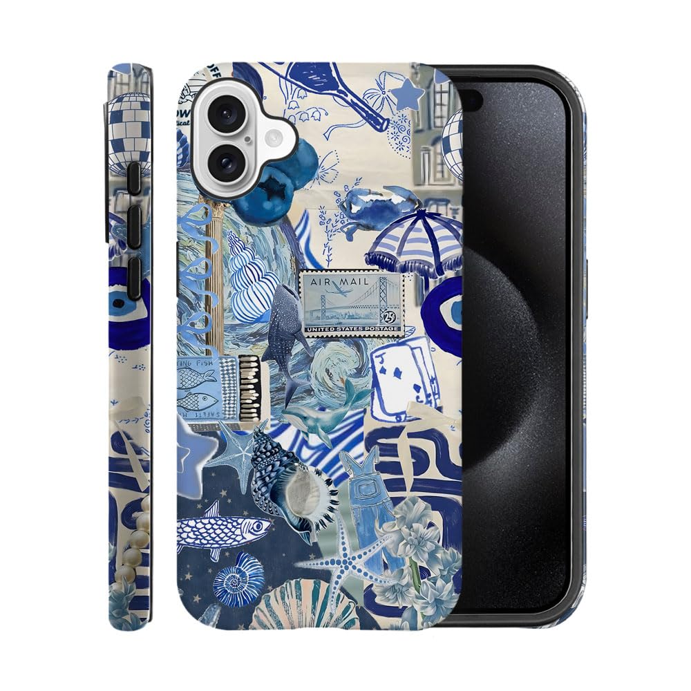 Case for iPhone 16,Frosted Case for Women Girls,Drop Scratch Protective Cover-Blue Ocean Collage