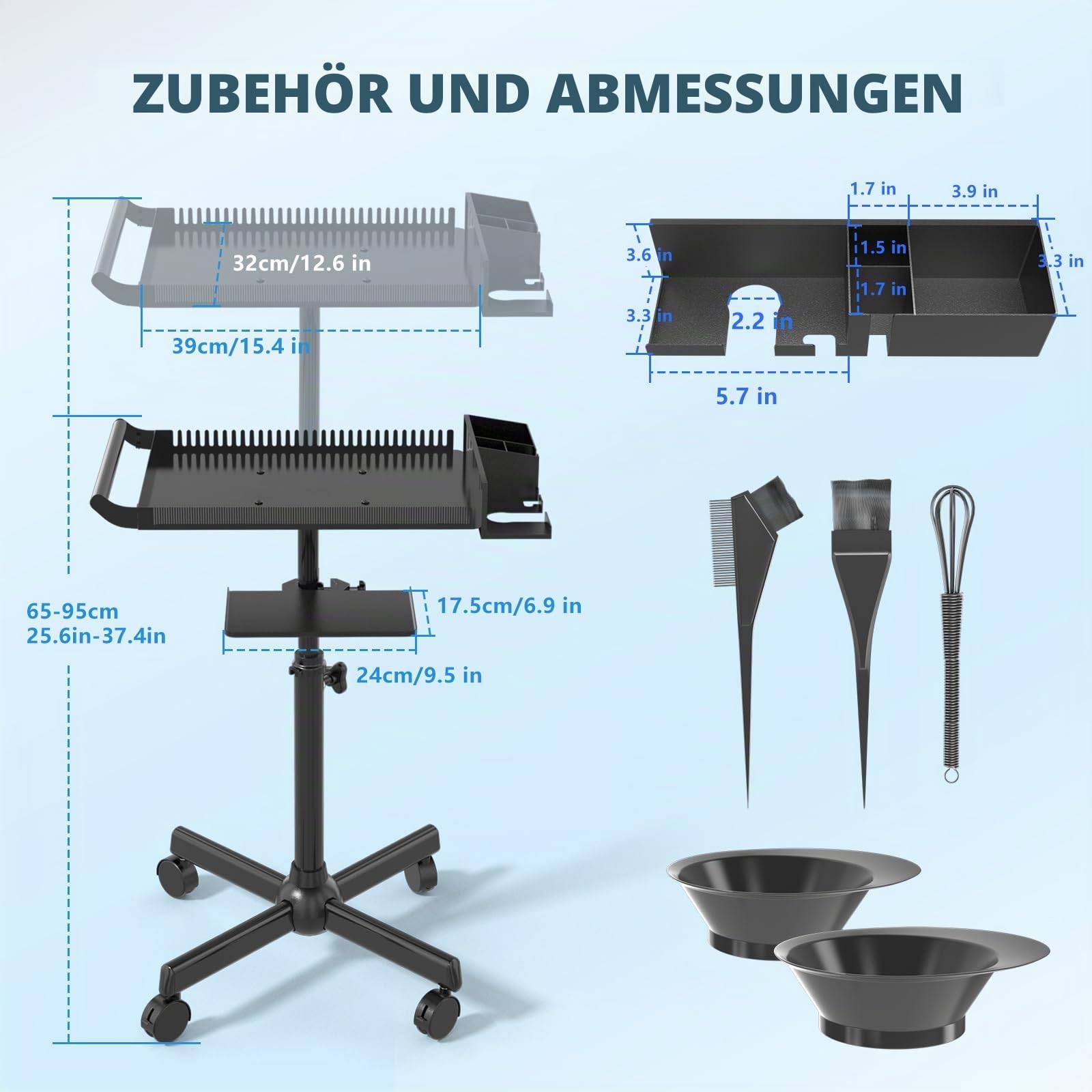 Friseurtablett mit Rollen, verstellbares Aufbewahrungstablett mit Ständer und Haartrennständer