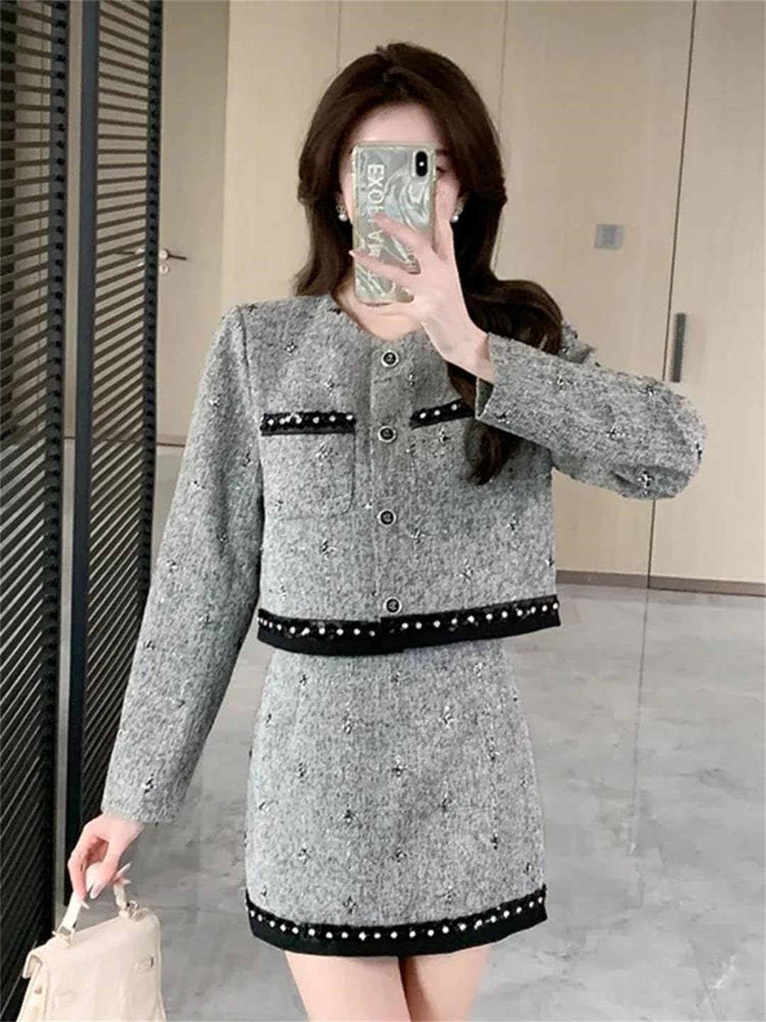 Women Tweed Two Piece Set Jacket Mini Skirt Casual Outfit