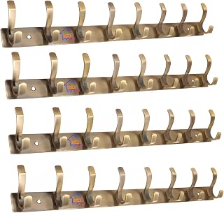 Type Stainless Steel Pin Cloth Hanger Wall Hooks Rail for Hanging Clothes Bathroom Wall Door for Hanging Keys,Towel (8 Pin Brass Antique, Pack of 4)