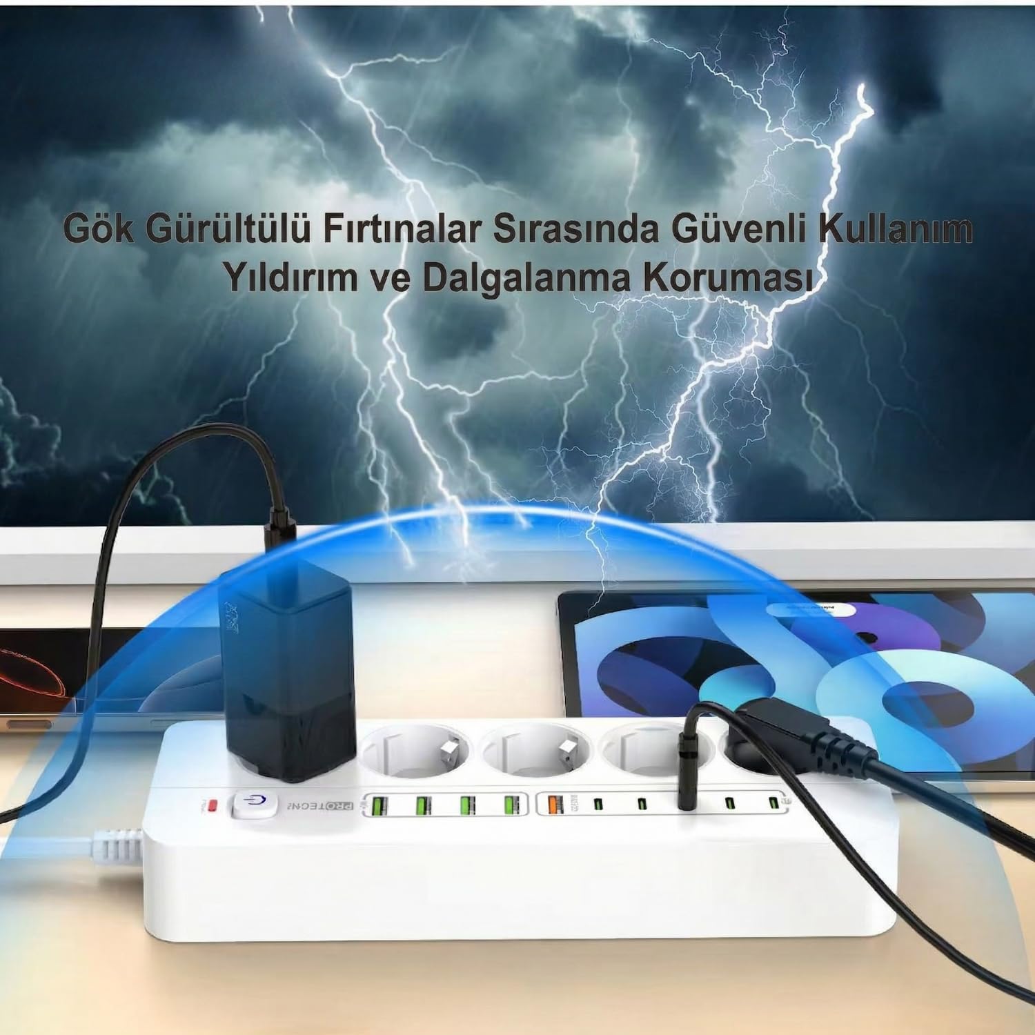 Isıya Dayanıklı Power Tuşlu 5'li Grup Priz 5xusb 5x Type-c Çıkışlı Priz 2 Mt Kablolu