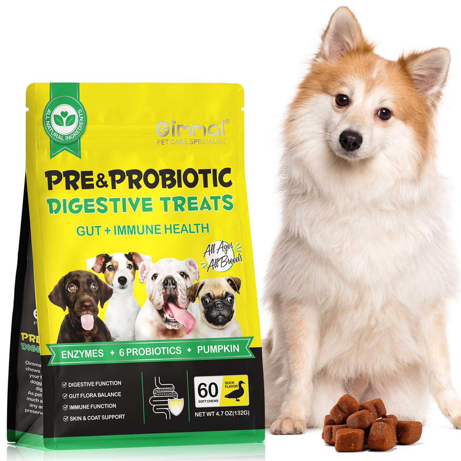 Probiotics for Dogs, Dog Digestive Health,60 Chews Probiotic Chews with Prebiotics & Probiotics, Duck Flavor, Suitable for All Dogs (60 chews)