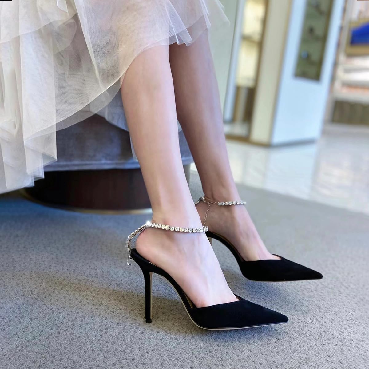 Women's Heeled Sandals Crystal Chain Ankle Straps Rhinestones Buckle High Heels Stiletto Slip On Wedding Party Satin Dress Shoes 3.9 IN - Image 2