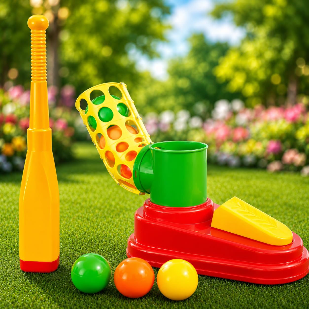 Automatic Plastic Baseball Pitcher Toy with Foot Pedal Launcher | Power Shot Batting Game Set with 1 Bat & 3 Balls | Unbreakable Kids Sports Training Toy for Boys & Girls Age 3+ | Red & Yellow-image-17