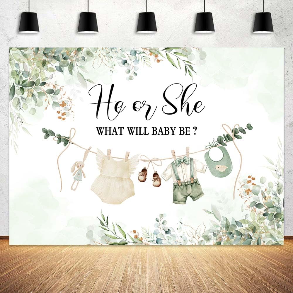 10X8ft Gender Reveal Backdrop Baby Shower Photography Background, Greenery He or She Backdrops Boy or Girl Clothes Banner Photo Booth Prop Decorations