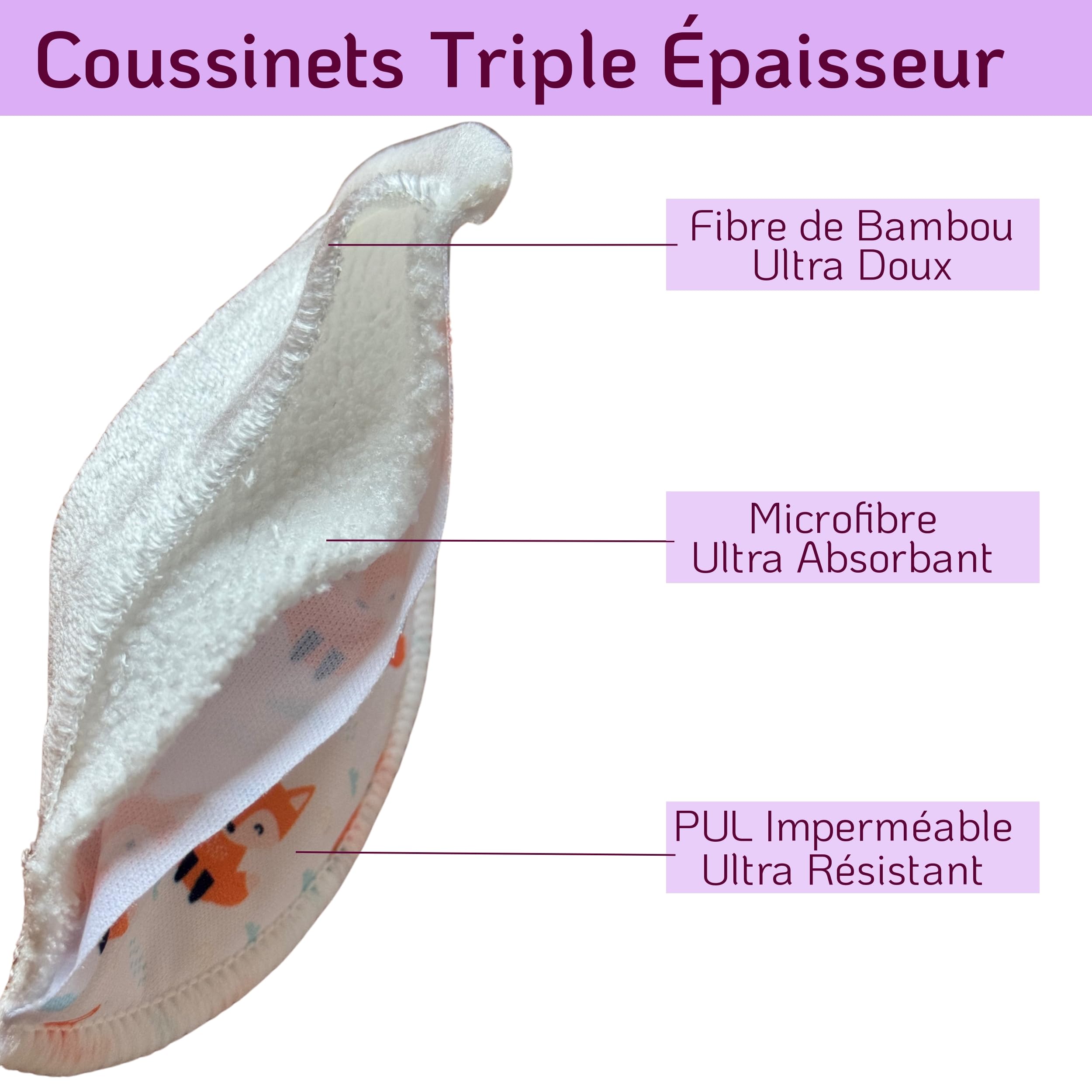 Coussinets d'allaitement lavables en fibre de bambou triple épaisseur ultra absorbants pack 20 + pochette étanche + filet de lavage
