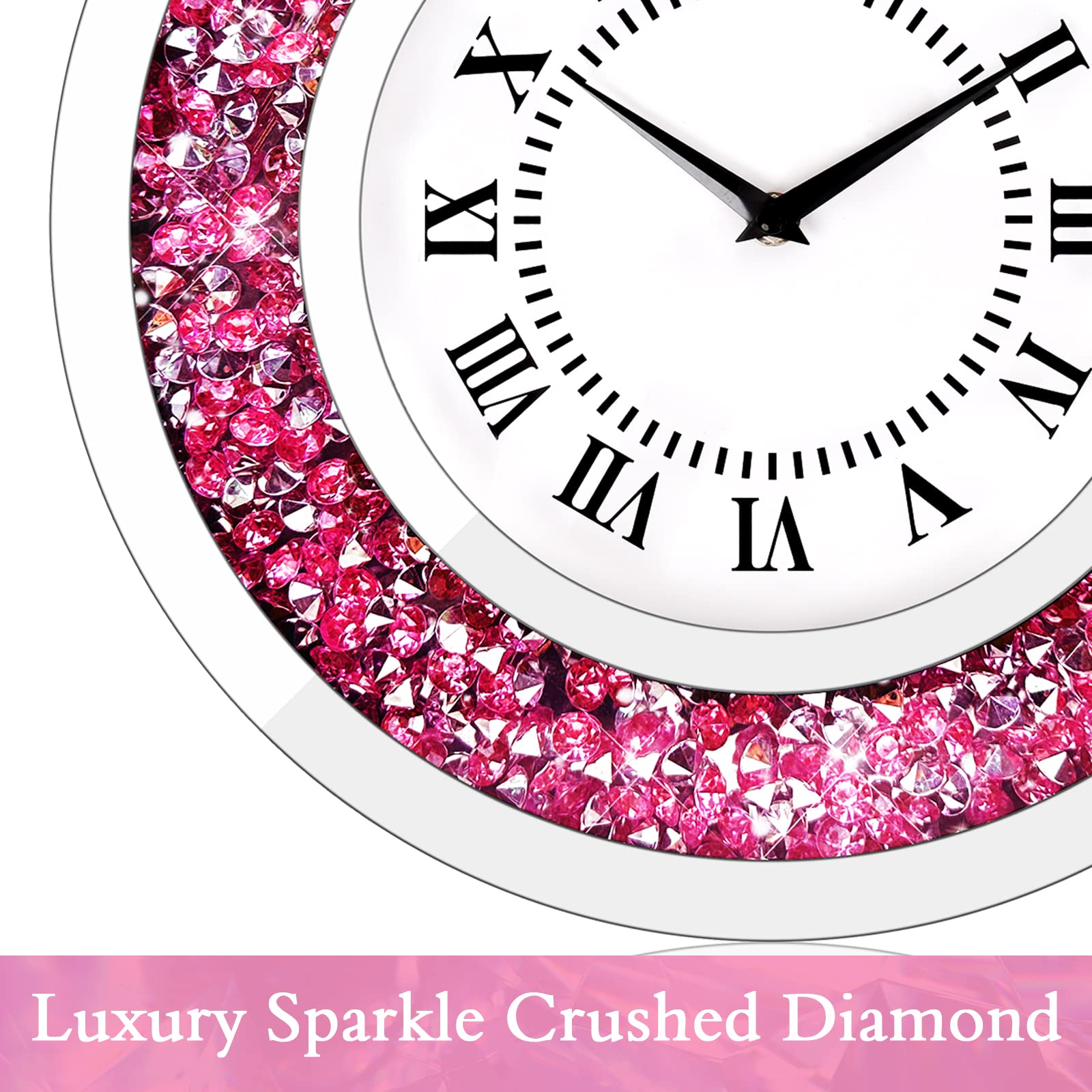JTWALCLOCK Large Wall Clock For Living Room Decor Crystal Crush Diamond Mirrored Sparkle Twinkle Bling Modern Wall Clock Big Silver Mirror Home Decorative 20 Inch Silent Clock For Indoor Decor