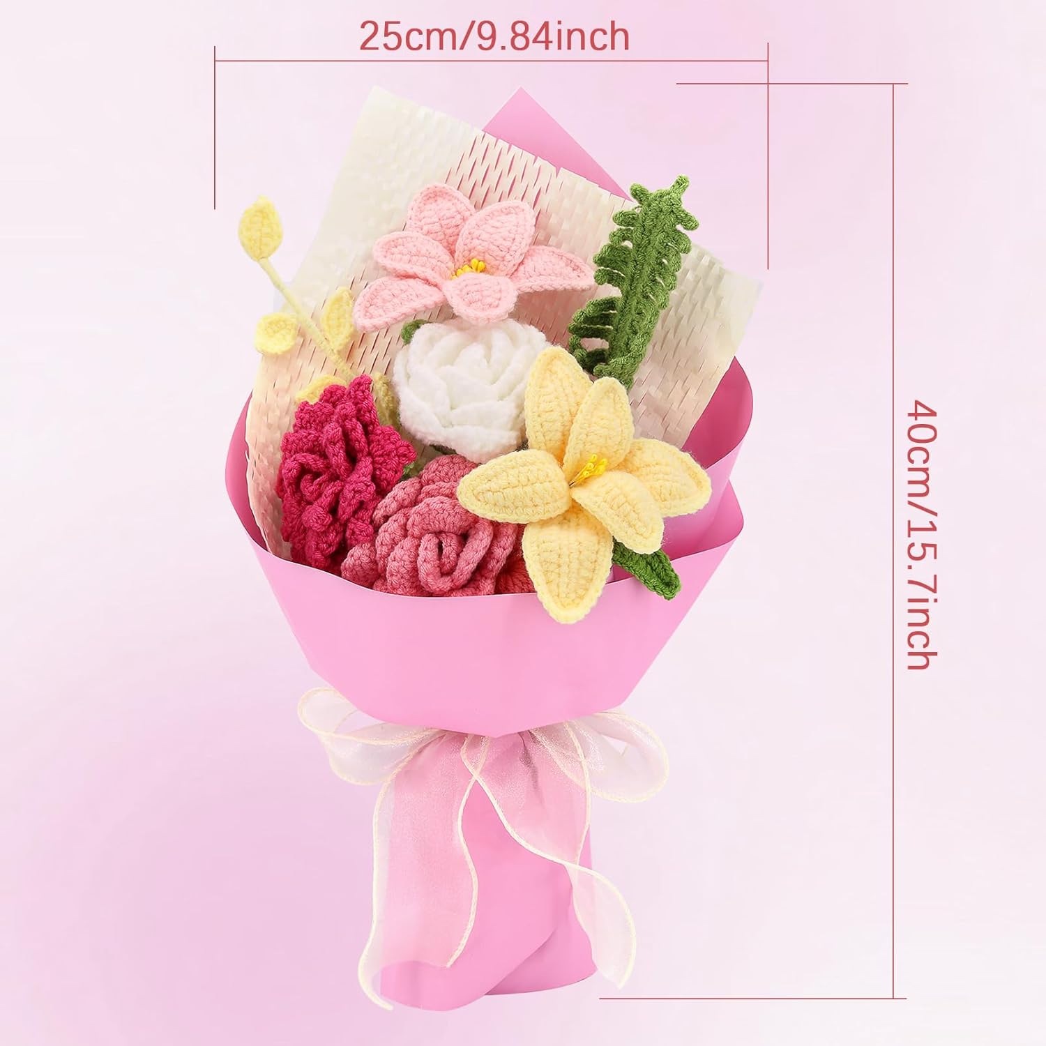 Crochet Flowers Finished Bouquet Crocheted Cotton Thread Flowers, Handmade Crochet Rose Tulip Fern Leaf as a Gift for Lover, Friends. Artificial Flower (Pink) - Image 2