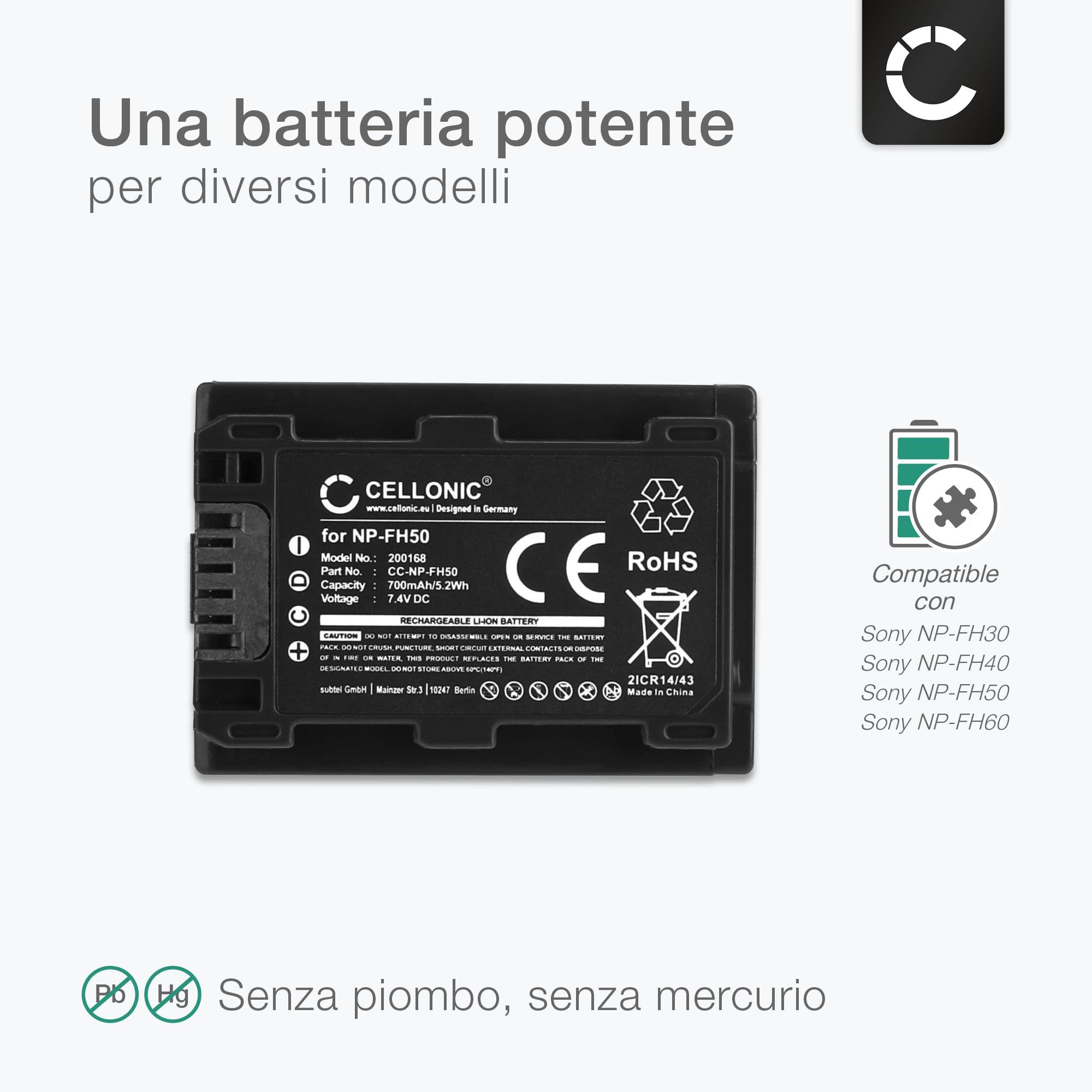 CELLONIC 1x Batteria per Fotocamera Compatibile con Sony DSLR-A200 (α200), DSLR-A230 (α230), DSLR-A330 (α330), NP-FH50 – (700mAh, 7.4V)