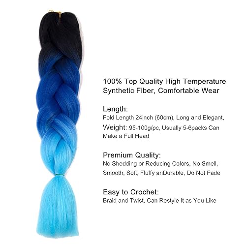 Miniatura 2 de Ombre Kanekalon - Extensiones de cabello trenzado de 24 pulgadas, 3.53 onzaspieza, extensiones de cabello sintético (negro-azul-azul claro), 3