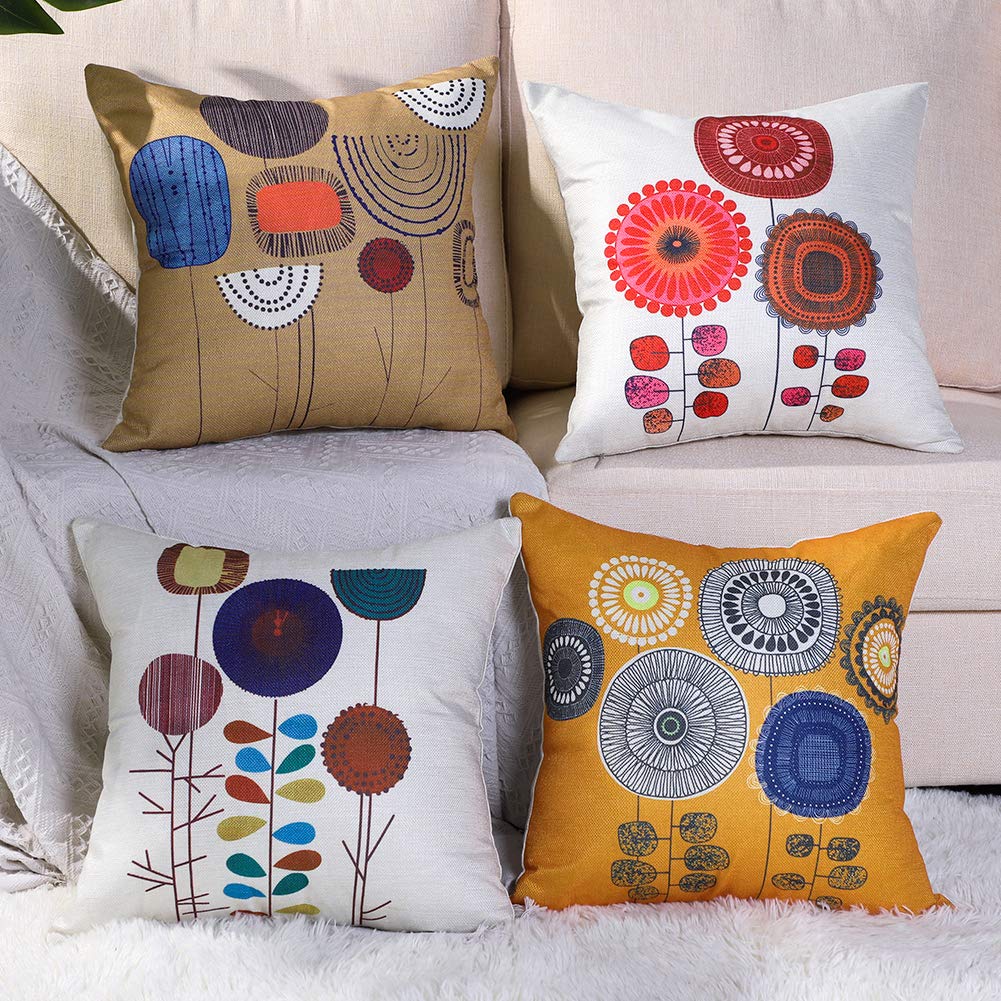 JOTOM Fodera per Cuscino Geometria Alberi Uccelli e Fiori Federa per Divano Famiglia Soggiorno Camera da Letto Decorazione, 45x45cm, Set di 4 Pezzi (Pittura Ad Olio Albero