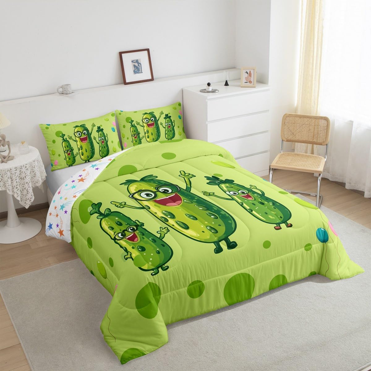 Erosebridal Cartoon Cucumber Bedding Sets for Kids Girls Women Adults,3D Pickle Comforter Set for Pickle Lovers,Toddler Lovely Green Vegetable Down Comforter Kawaii Room Decor Aesthetic
