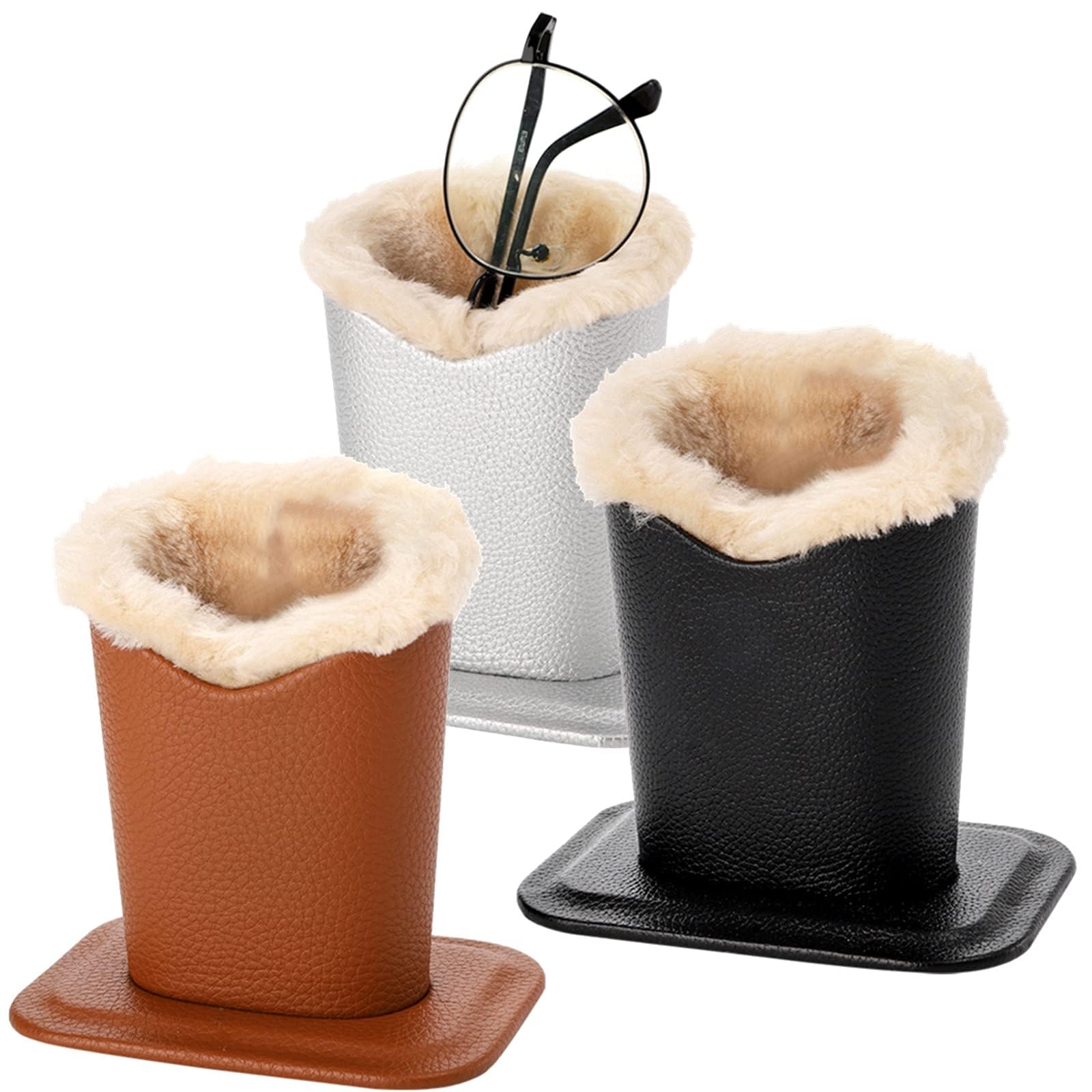 Eidoct Men's Silver 3 Pack Eyeglass Holder, Pu Leather Eyeglass Holder Stands With Soft Plush Lining Base For Desks, Nightstands