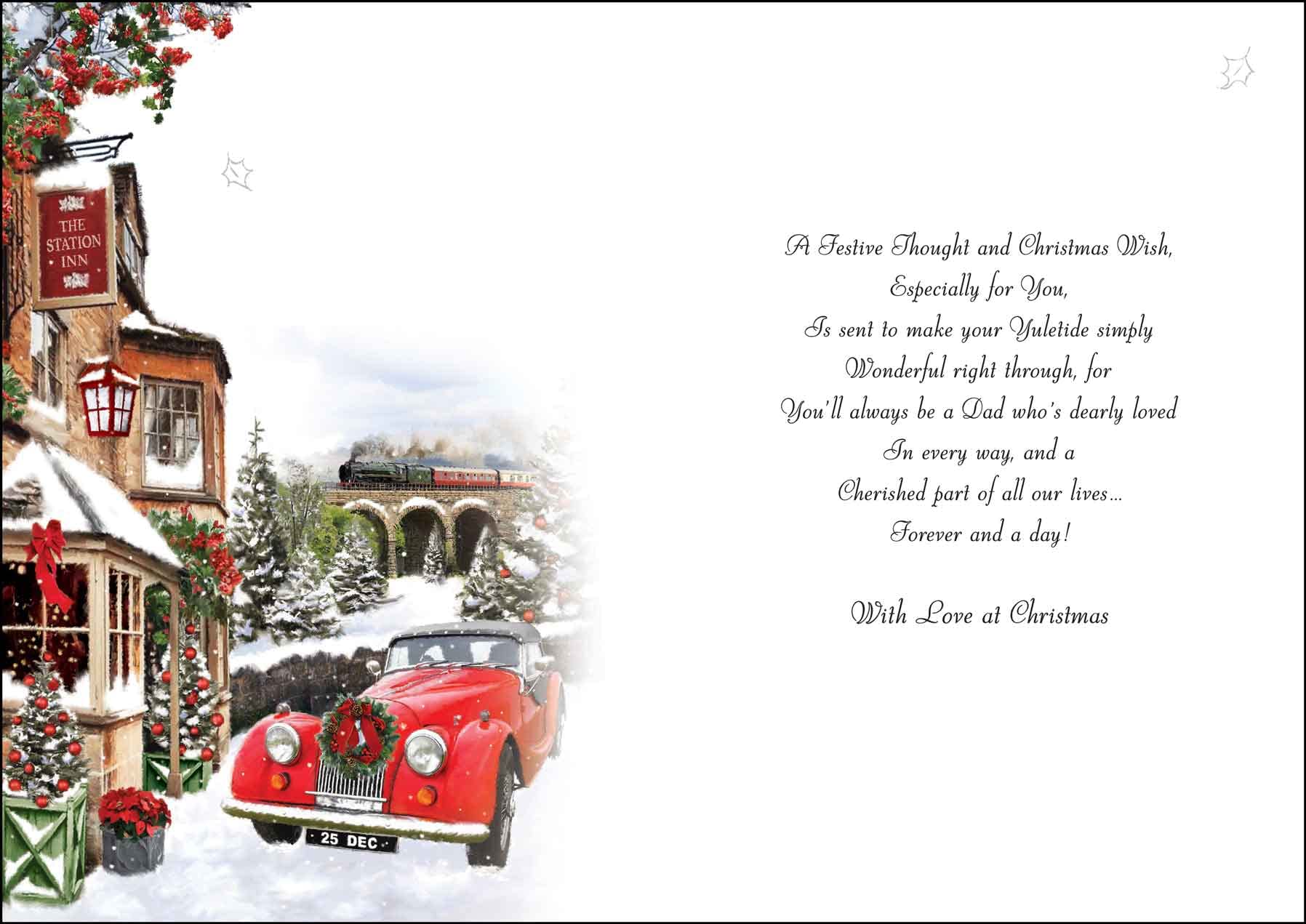 Weihnachtskarte „To A Wonderful Dad“ – Mit Rotem Auto & Schneeszene, Geprägt, 157x235 Mm