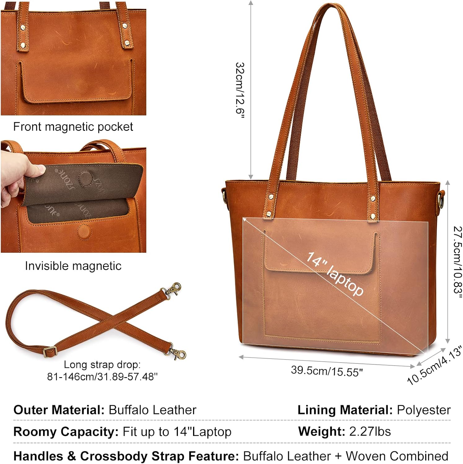 S-ZONE Women Genuine Leather Tote Bag Shoulder Handbag Vintage Crossbody Purse - Image 3