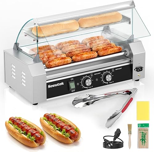 Seeutek Rodillo para perros calientes, 5 rodillos, 18 perros calientes, capacidad de 1100 W, tostadora de perros calientes, máquina de perros