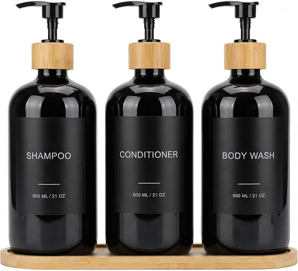 Dispenser per Shampoo e Balsamo Set 3 Pezzi - Flaconi Doccia PET Ricaricabili da 600ml con Pompa in Plastica di Bambù, Vassoio in Bambù, Imbuto ed Etichette, Dispenser per Gel Doccia per Doccia (Nero) - 1