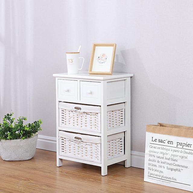 Ruication Bedside Table Storage Cabinet with 2 Drawers Wicker Baskets 2 Small Drawers Unit Chest of Drawers Fully Assembled for Living Room Bedroom Bathroom Hallway (White)
