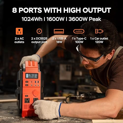 Miniatura 4 de BLAVOR Estación de energía portátil de 1600 W (pico 3200 W), panel solar integrado, batería LiFePO4 de 1024 Wh, carga rápida USB-C de 100 W,